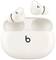 Wireless white earbuds with "b" logo, in and over a matching charging case.