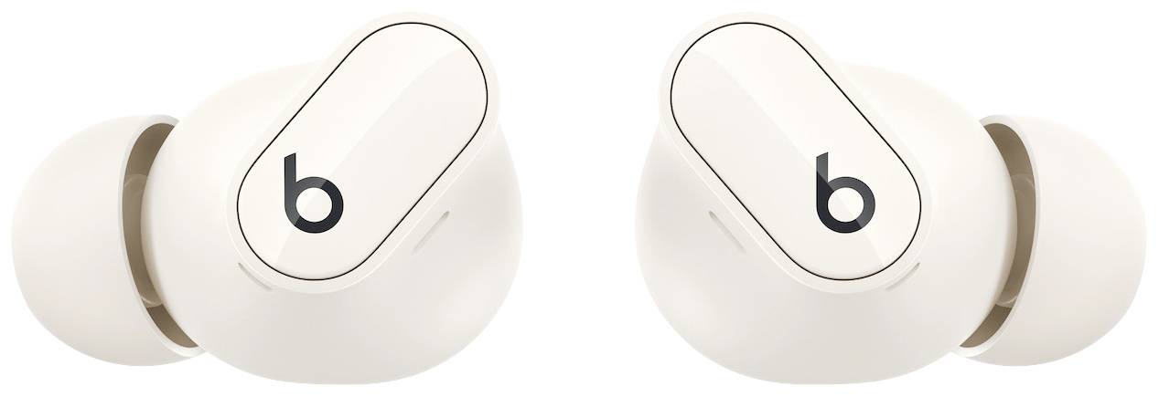 Two wireless, white earbuds with the letter 'b' on the surface, symmetrically positioned side by side.