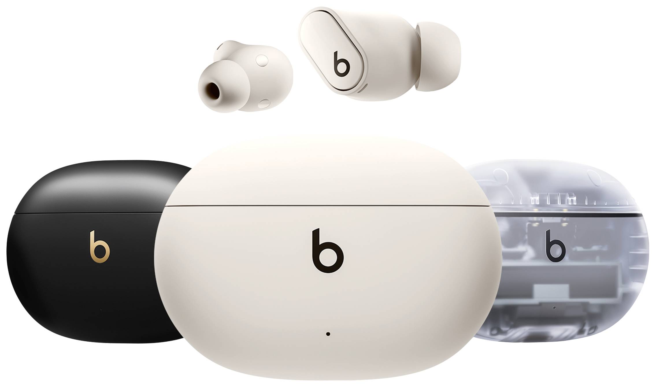 Three earbuds in Black, White, and Transparent. Each with a 'b' logo. The transparent one reveals internal components.