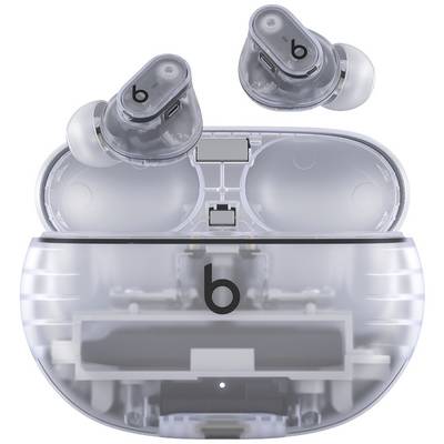 Transparent in-ear headphones in an open charging case, both featuring a small 'b' logo. The case reveals internal components.