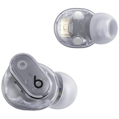 Transparent wireless earbuds with visible electronics and silicone ear tips, brand logo on the larger earbud.