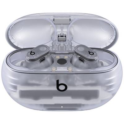 Transparent wireless earbuds with a charging case displaying a stylised small 'b' logo.