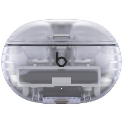 Transparent earphone case with visible electronics and 'b' logo in the centre.