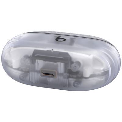Transparent, oval charging case with a black letter 'b' on the top surface and a USB-C port on the front.