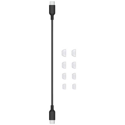 A black USB-C cable is shown vertically, with six white cable clips positioned in two columns beside it.