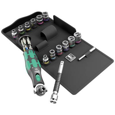 Socket wrench set with screwdriver handle and bits in various sizes, laid out on a black mat.
