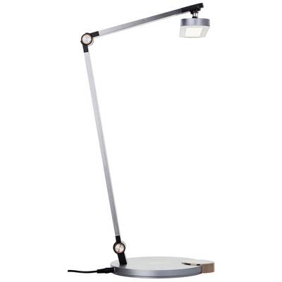 A modern, sleek metal desk lamp with an adjustable arm and round base.