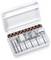 Nail care set in an open white case. Contains various milling tools and attachments arranged in compartments.