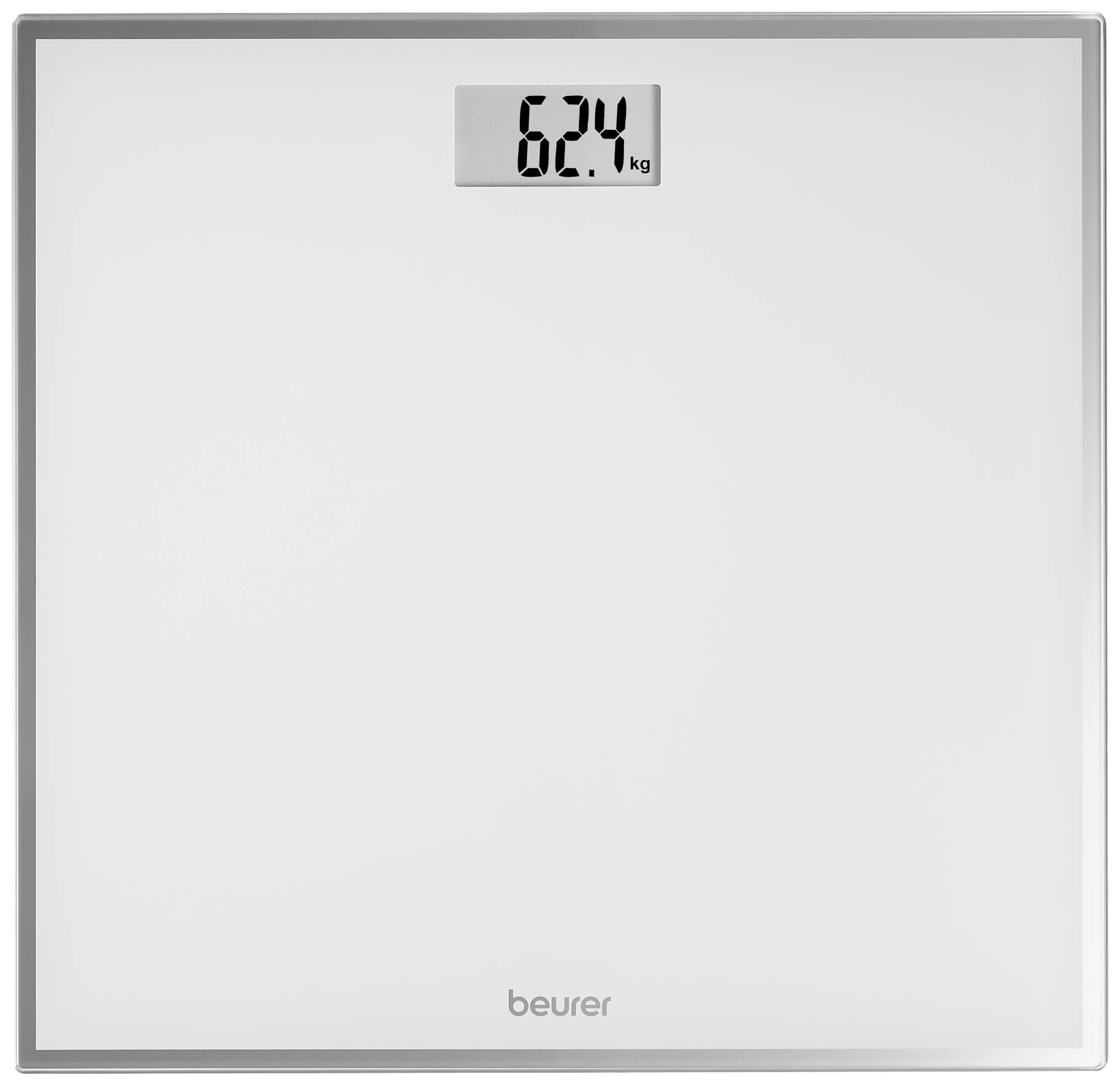 Digital scales display the weight '62.4 kg' on a screen. The 'beurer' brand is visible at the bottom of the scales.