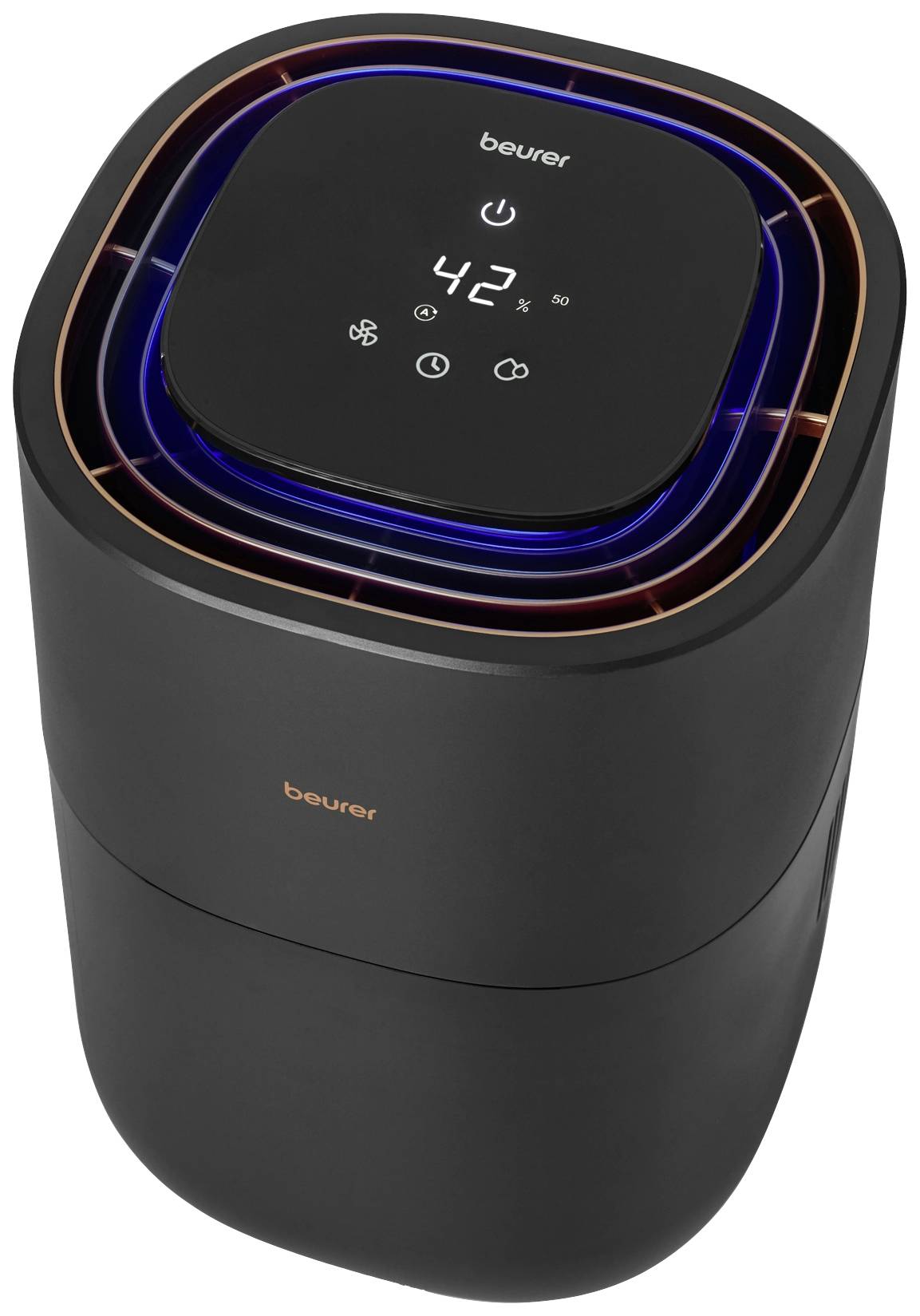 A black dehumidifier with a digital display shows 42% humidity. Marked with 'beurer'.