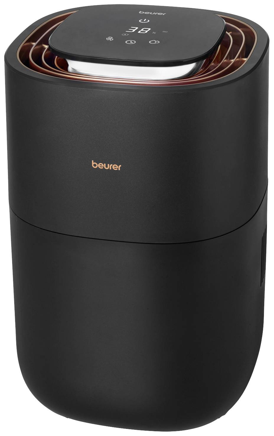 'Black air purifier with brand logo, digital display and air inlet. Displaying a temperature of 38 degrees.'