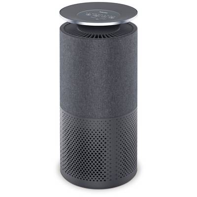 A black, cylindrical air purifier with a digital display on the top shows various symbols and functions.