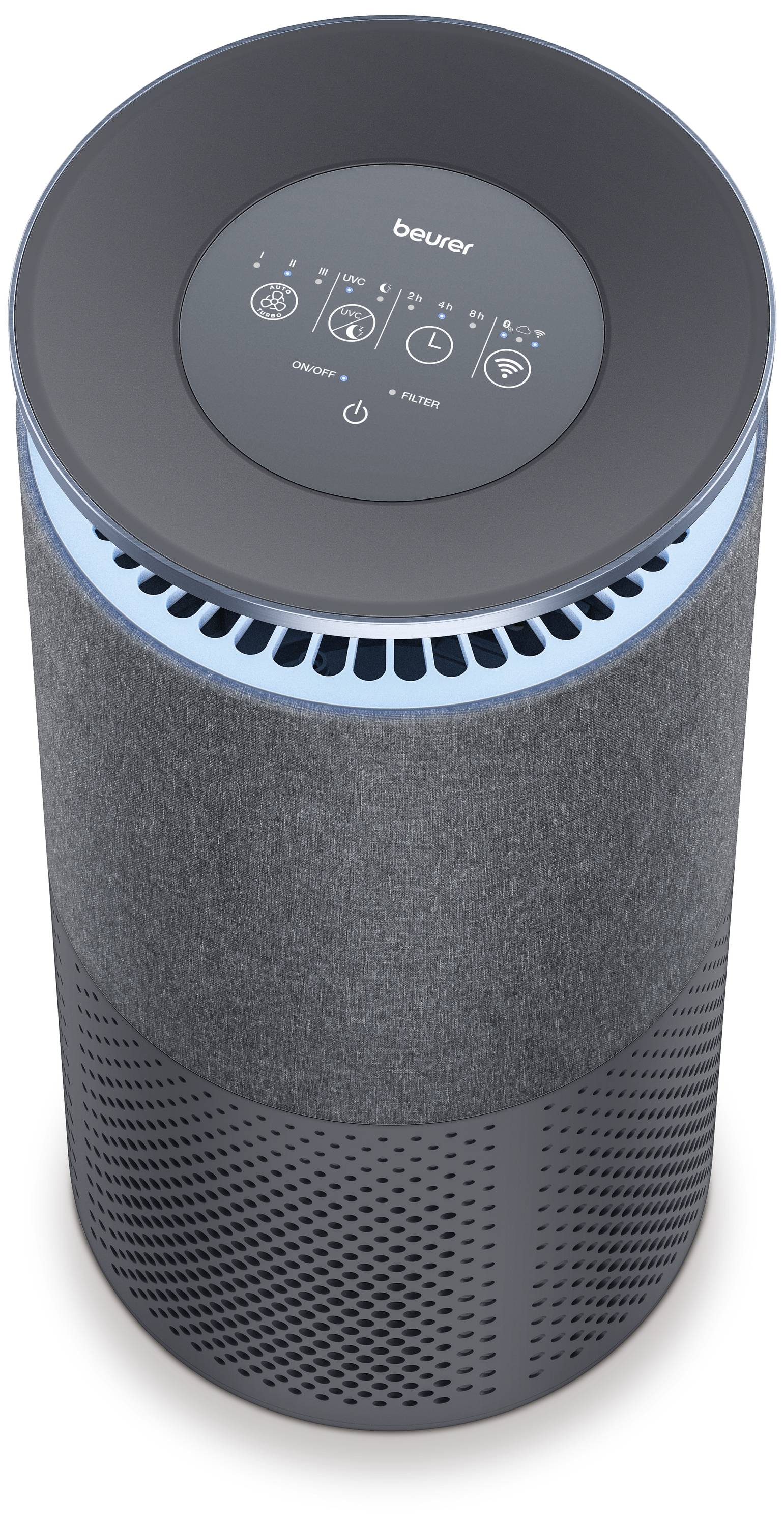 A round air purifier with a grey casing and black top. Symbols for operating functions can be seen on the top surface.