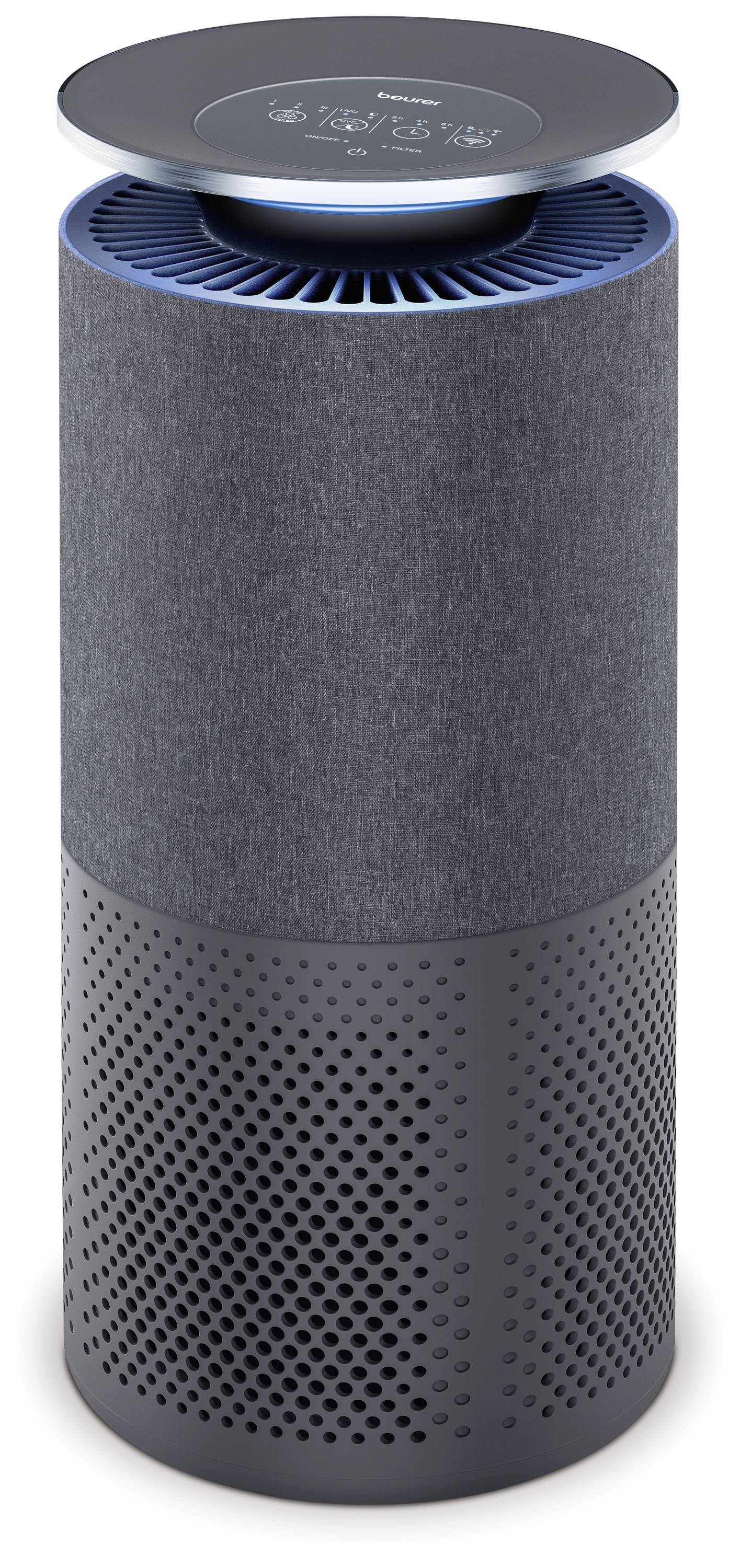 Air purifier with a circular display on top, grey fabric casing, and a black, perforated lower section. Modern, sleek design.