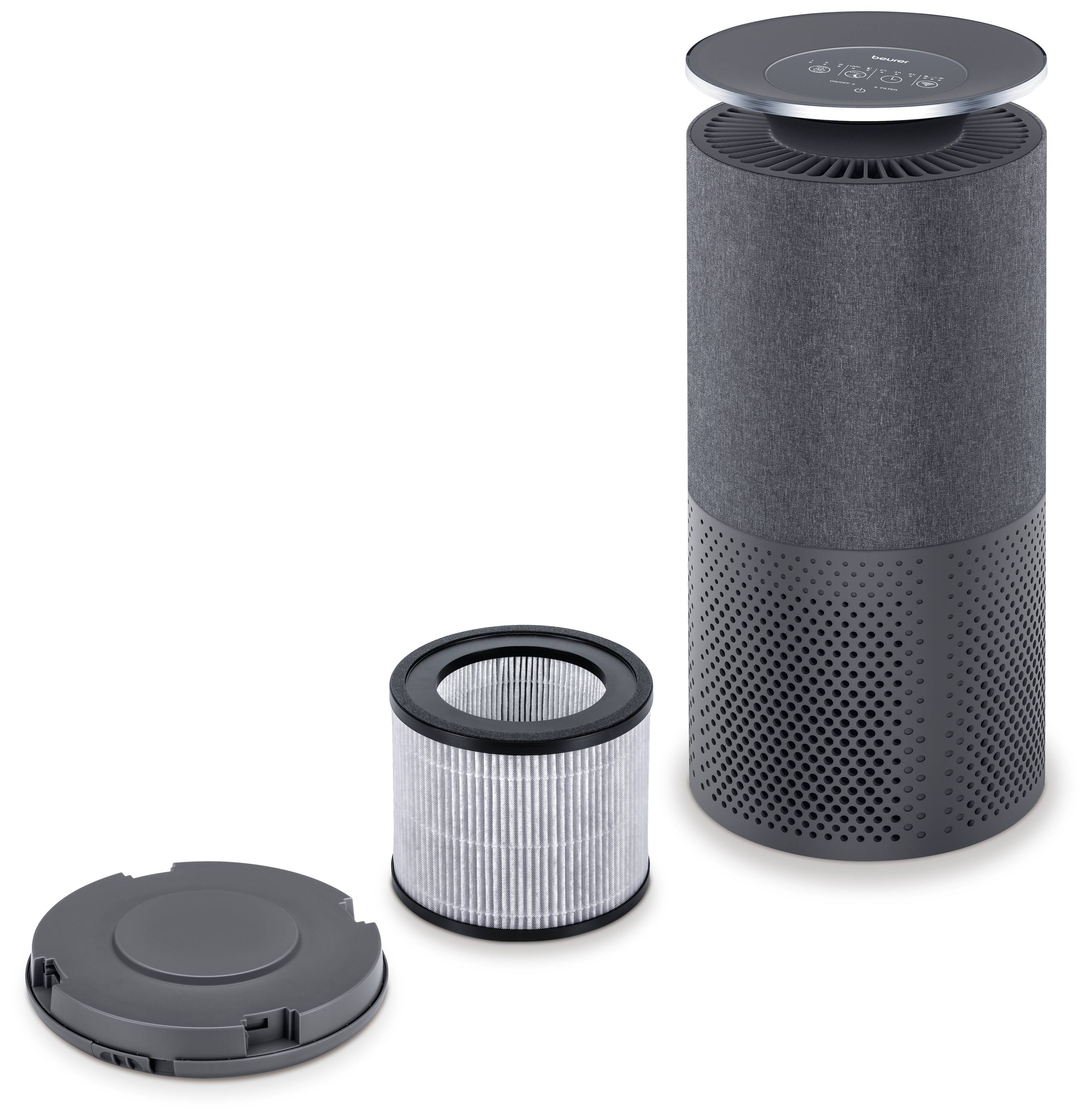 Air purifier with removed filter and cover plate, showing the individual components of the device. Filter is cylindrical and positioned next to the unit.