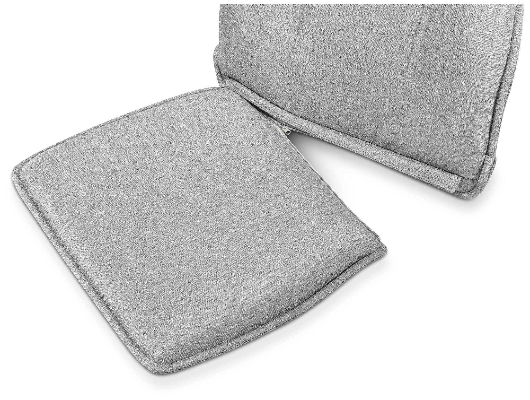 Grey, square fabric cushion on a flat surface. Another similar cushion is visible on top.
