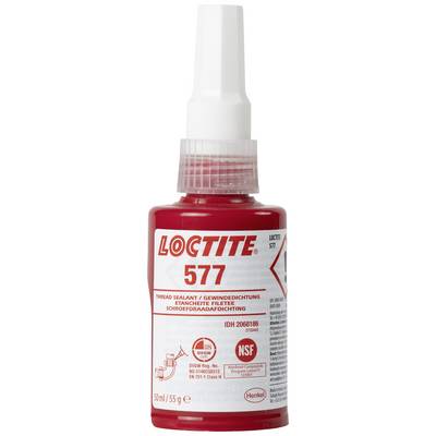 Red bottle with screw cap, labelled 'LOCTITE 577', thread sealant for sealing pipes and fittings, 50 ml capacity.