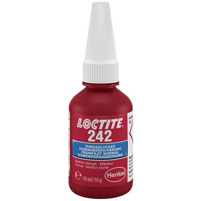 A red 10 ml bottle of Loctite 242 thread lock, medium strength. Used for securing threaded fasteners.