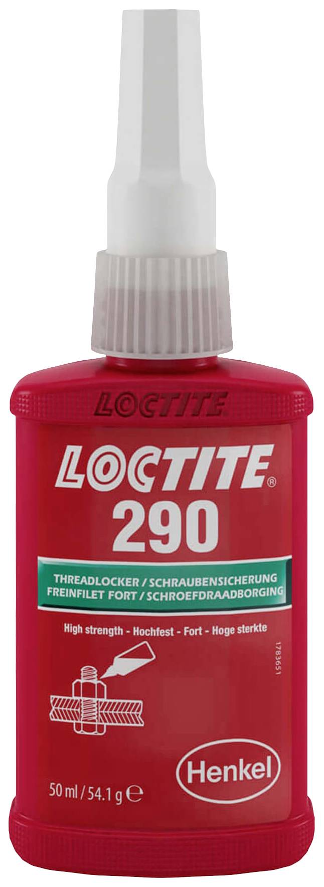 Red bottle with the inscription 'LOCTITE 290', a threadlocking adhesive by Henkel, 50 ml.