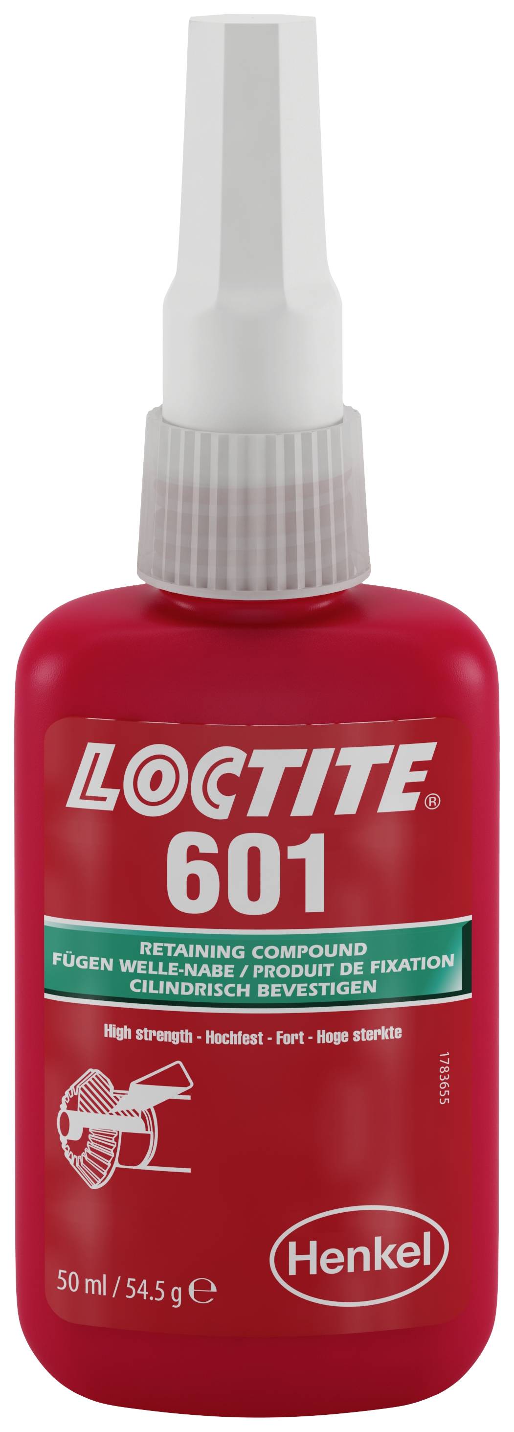 Red bottle with white lid. Label: 'Loctite 601'. Subtitle: 'Retaining Compound', for Cylindrical Fastening.