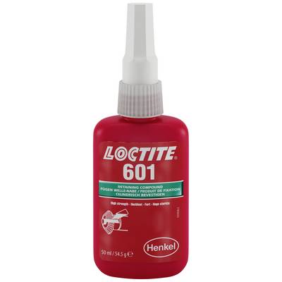 Red bottle with white lid. Label: 'Loctite 601'. Subtitle: 'Retaining Compound', for Cylindrical Fastening.