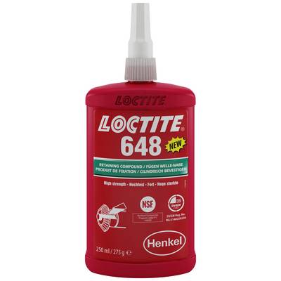 Red bottle with 'Loctite 648' inscription. Contains adhesive for fastenings. Markings: NSF-certified, 250 ml, 275 g.