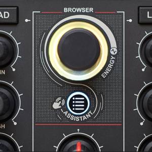 'Browser' on a synthesiser with four small rotary knobs controlling functions such as 'Load' and 'Energy'.