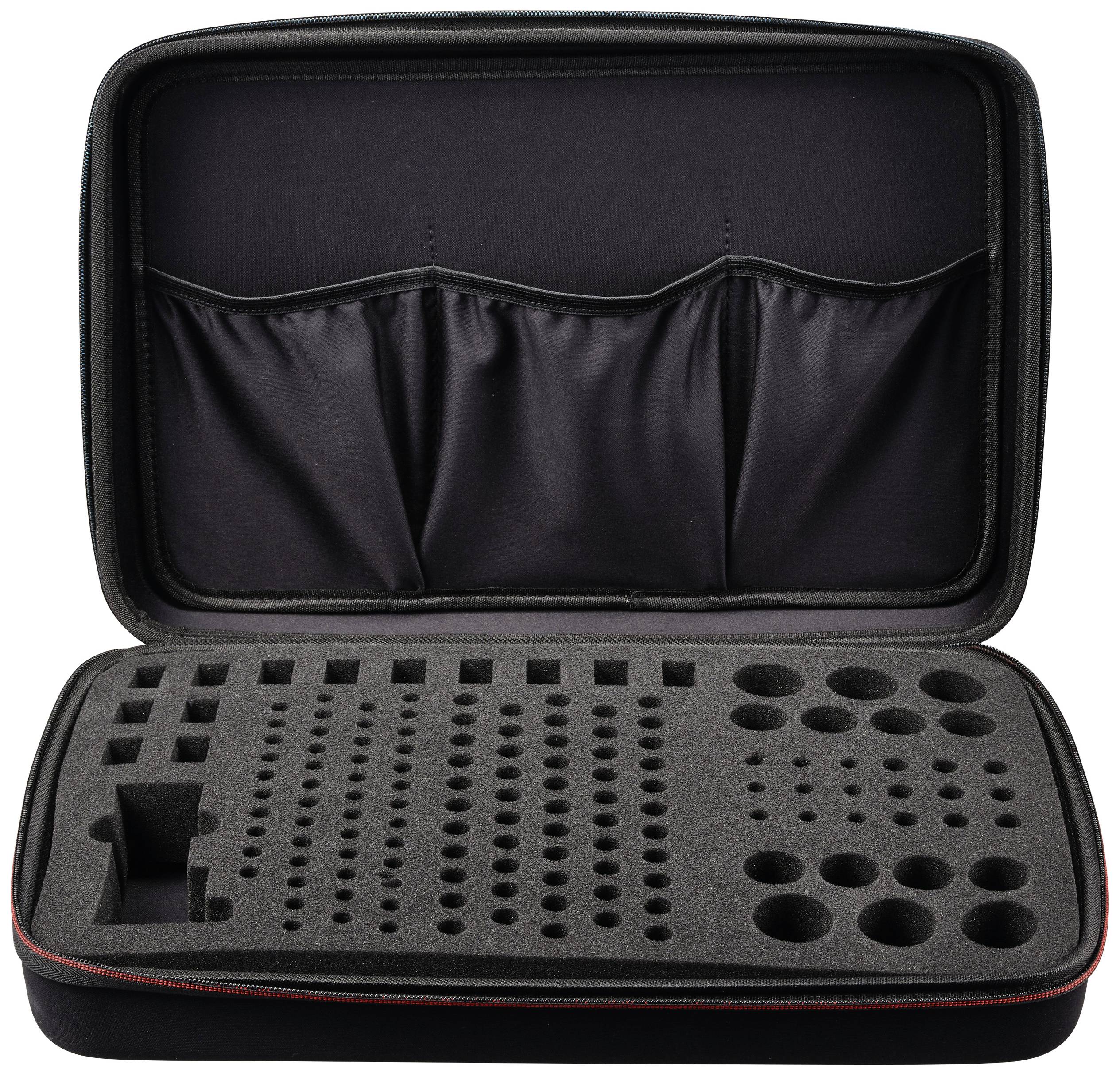 Case with foam lining, multiple compartments and pockets, opened. For secure storage and organisation of various items.
