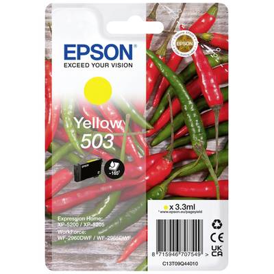 'EPSON Yellow 503 Ink Cartridge' packaging with a yellow dot, red chillies in the background. Compatible with 'Expression Home' printers.