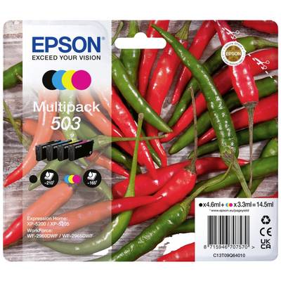 Packaging of an Epson 503 multipack cartridge against a background of red and green chillies. Compatible with specific printer models.