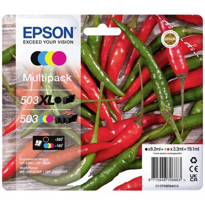 'Packaging of Epson 503 multipack ink cartridges against a red and green chilli background. Includes XL and standard cartridges.'