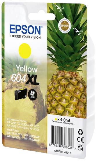 Epson 604 XL Ink Cartridge, yellow, for printer models: XP-2200, XP-3200, XP-4200, WF-2910DWF. Packaging with pineapple design.