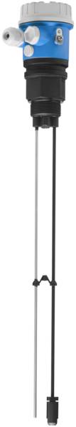 A blue-black industrial measuring device with an elongated probe and multiple cables for level measurement in tanks or containers.