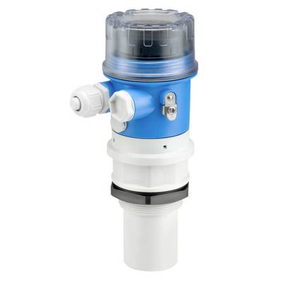 Blue and white industrial sensor with a transparent cap, used for monitoring and measuring liquids in tanks.