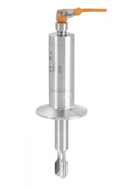 Metal sensor connected with an orange cable, cylindrical in shape, suitable for industrial applications.