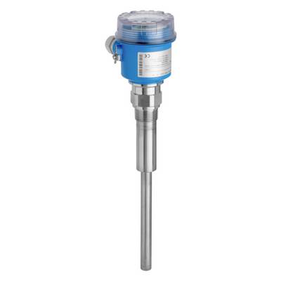 A temperature sensor with a blue housing and stainless steel probe for measuring temperature in industrial applications.