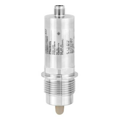 Metal sensor cylinder with thread, upper electrical connection, lower sensor area, technical details on the surface.