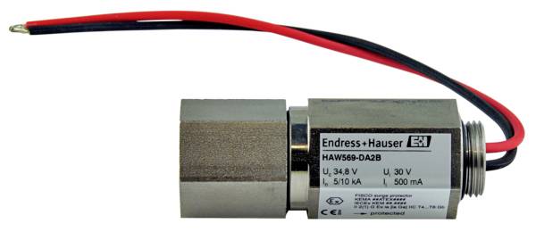Metallic pressure sensor with red and black connection wires. Labelled with 'Endress+Hauser HAW569-DA2B'.
