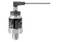 Pressure sensor with metal housing and electrical connections, with a rod-shaped sensor arm to the side. Suitable for industrial applications.