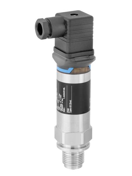 An industrial pressure sensor with a metal casing and black connector on top, suitable for monitoring pressure systems.