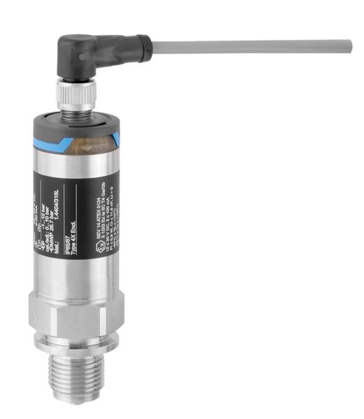 A pressure sensor with a metal housing and connection screw, characterised by a cable mounted on top and blue markings.