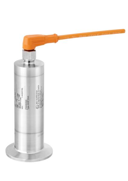 Stainless steel pressure sensor with orange cable and pipe connection, designed for measuring and transmitting pressure values in industrial applications.