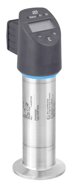 A cylindrical metal device with a digital display and buttons on the top surface, used in industrial applications for measurement.