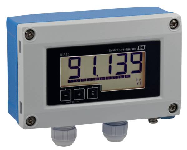 Digital display showing the value '91.139', enclosed in a blue housing. Device by Endress+Hauser, model RIA15.