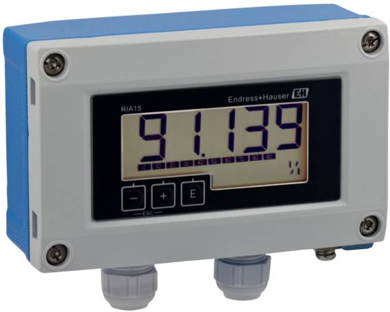 Digital indicator from Endress+Hauser, displaying the value '91.139'. Control buttons on the left, with two connection terminals underneath.