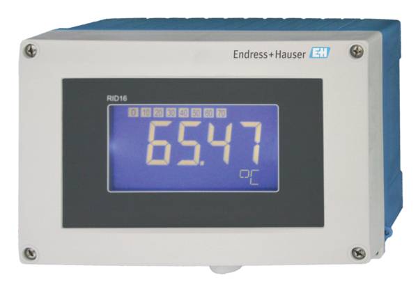 Digital temperature indicator showing '65.47 °C', Endress+Hauser brand, Model RID16. Display in blue illumination on a grey housing.