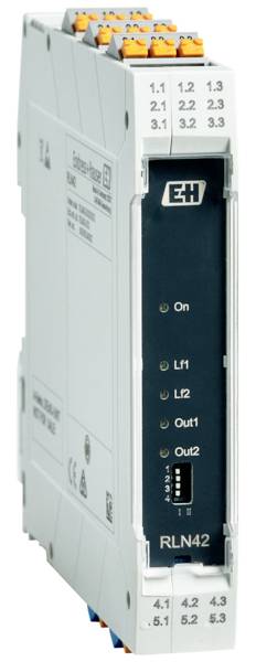 An electrical signal processing device with multiple ports and LED indicators, marked with 'RLN42'.