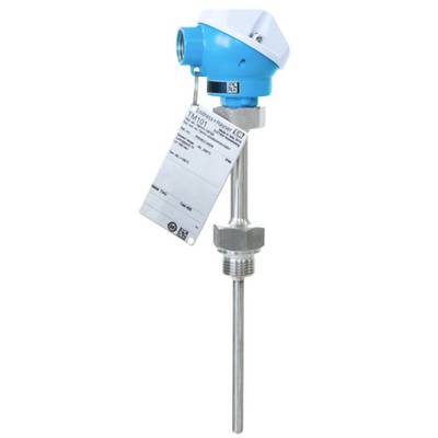 Industrial temperature sensor with blue and white casing, labelled with technical specifications, mounted on a metal rod.