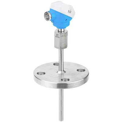 'Industrial temperature sensor with blue top surface, mounted on a circular stainless steel flange mounting.'