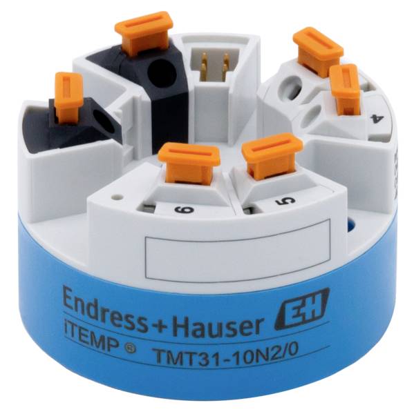 A blue temperature sensor transmitter by Endress+Hauser with orange terminals, model iTEMP TMT31.
